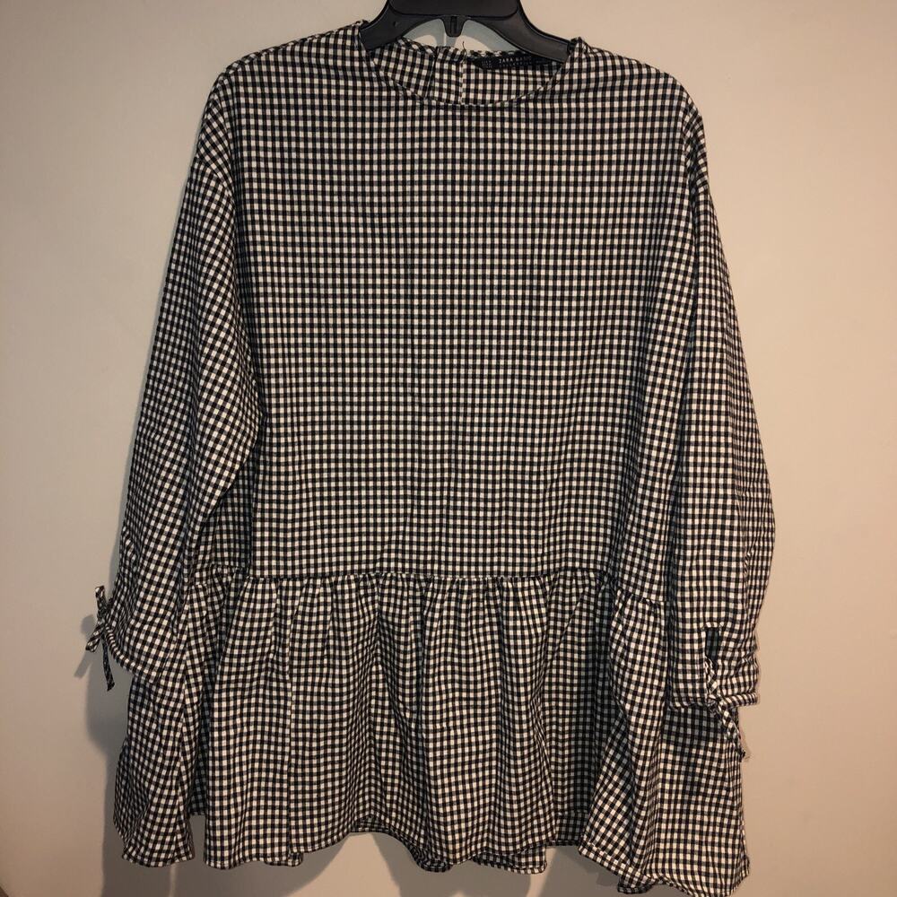 Zara Black & White Plaid Checkered Gingham Long Tie Sleeve Tunic Dress Top Med